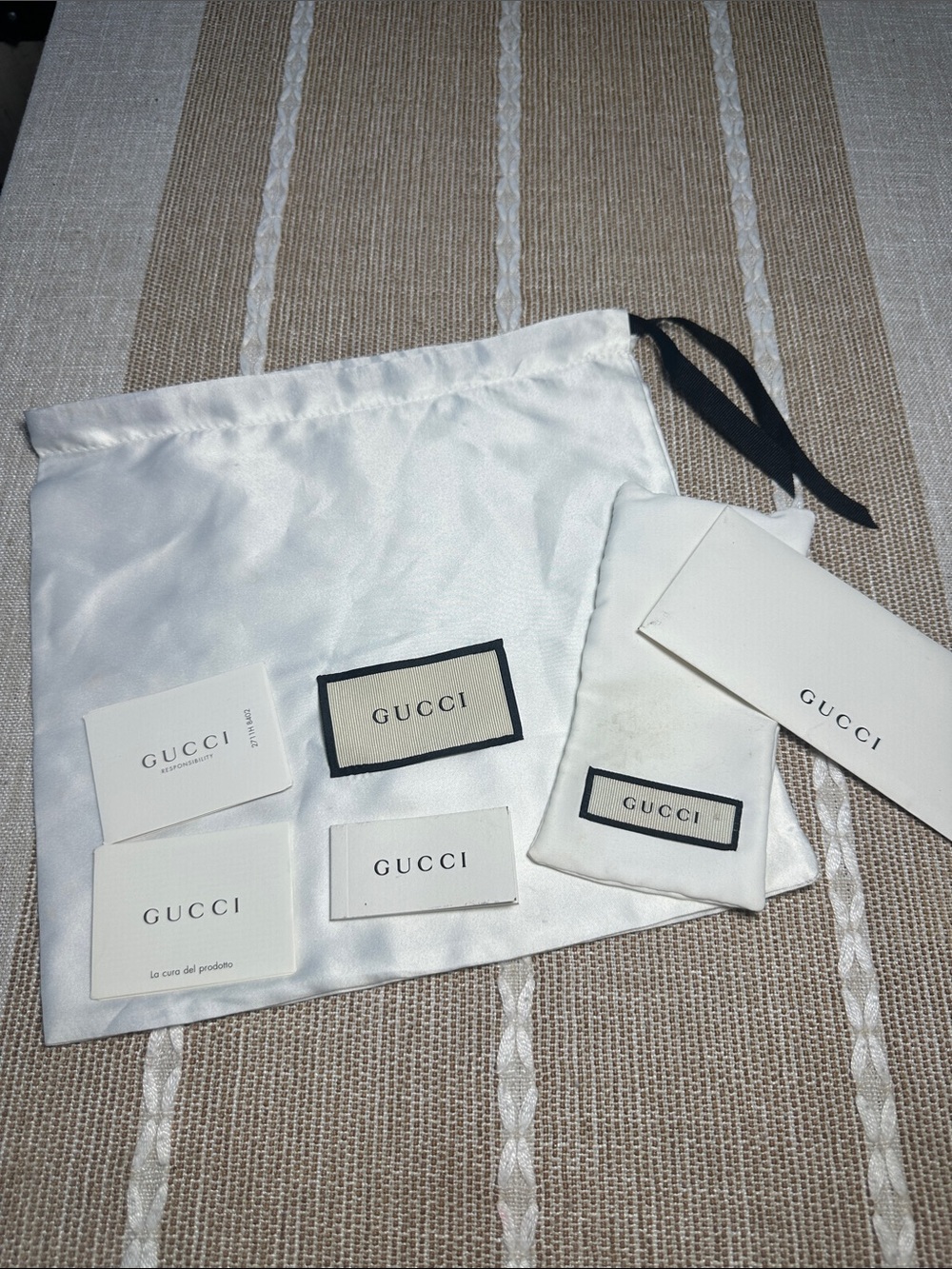 Gucci White Satin Drawstring Dust Bag with Black Ribbon Accents